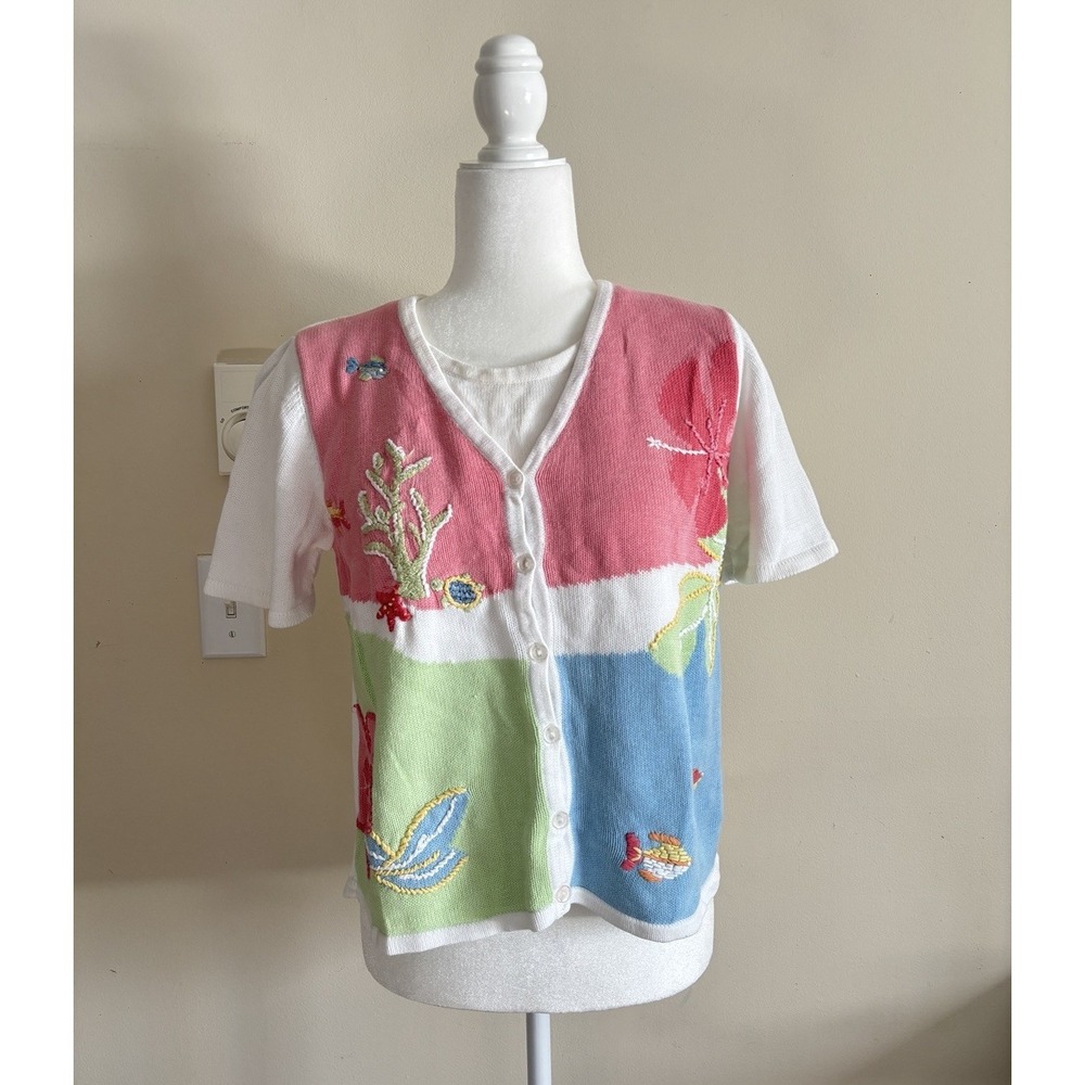 Vintage Y2K Koret Cardigan Embroidered Hibiscus Beach‎ Womens Small 90s *flaw